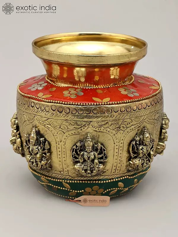 5" Brass Superfine Ashtalakashmi Ritual Kalash with Inlay Work