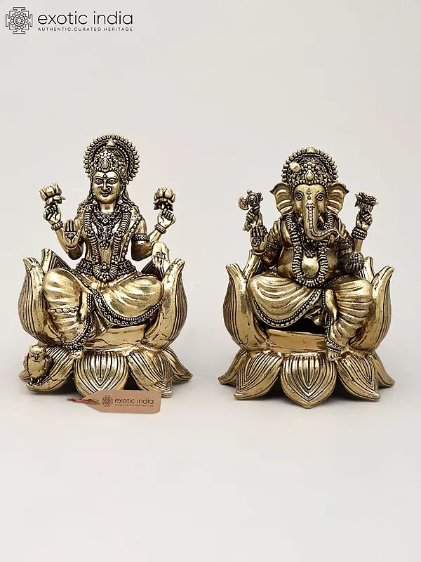5" Small Superfine Pair of Lakshmi Ganesha Seated on Lotus | Brass Statues