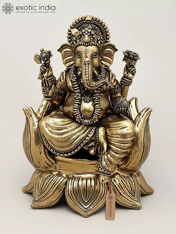 5" Small Superfine Blessing Lord Ganesha Seated on Lotus | Brass Statue