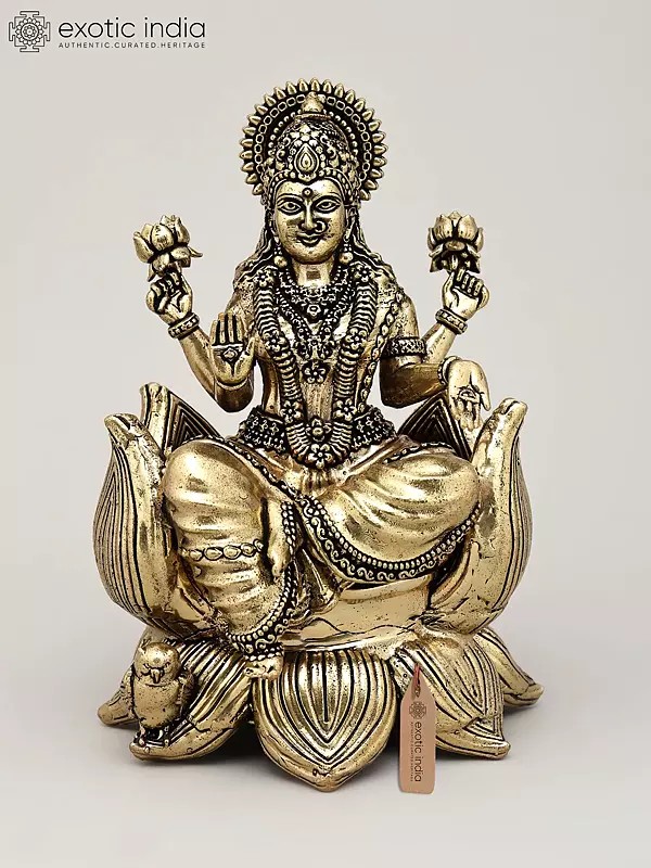 5" Small Superfine Blessing Goddess Lakshmi Seated on Lotus | Brass Statue