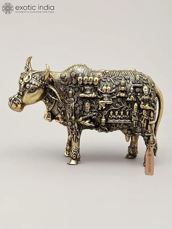 4" Small Superfine Kamadhenu Cow with All Gods and Goddess | Brass Statue