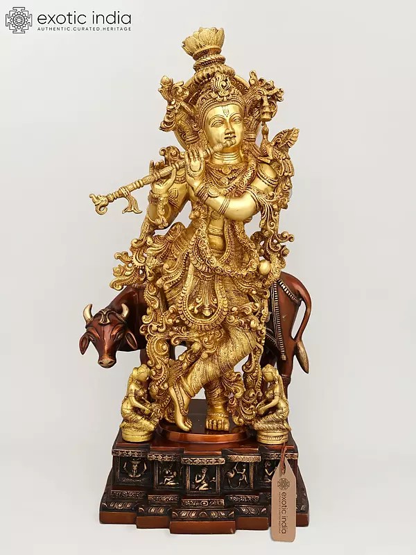 28" Brass Venugopala Idol (Pedestal Engraved with the Bal Leela of Lord Krishna) | Handmade | Made In India