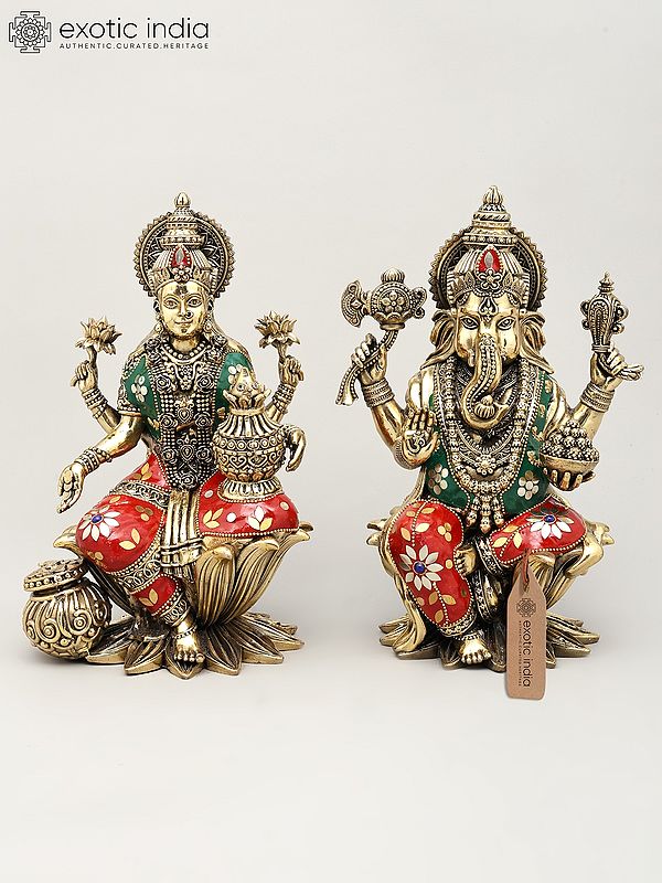 10" Superfine Lakshmi Ganesha Pair | Brass Statue with Inlay Work