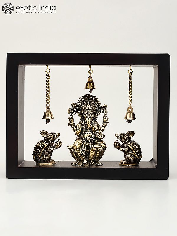 9" Wood Framed Superfine Lord Ganesha with Mushak in Brass | Wall Hanging