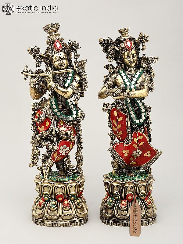11" Superfine Standing Radha Krishna Pair | Brass Statues with Inlay Work