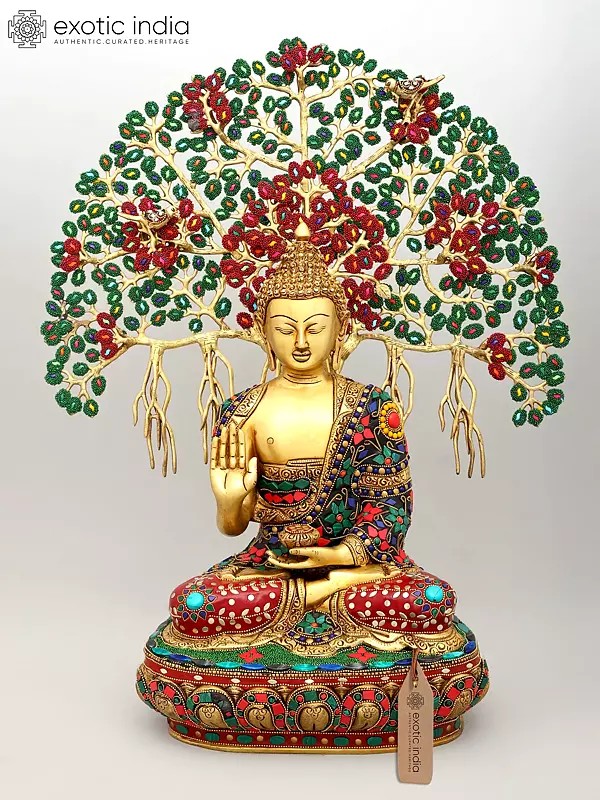 22" Blessing Lord Buddha Seated Under The Bodhi Tree | Brass Statue with Inlay Work