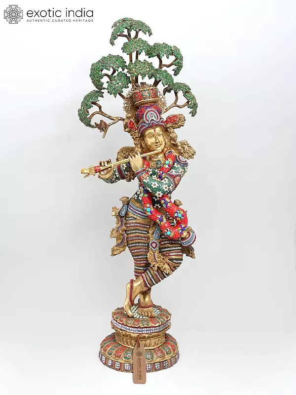 58" Large Tribhanga Murari Krishna with The Kadamba Tree Behind Him | Brass Statue with Inlay Work