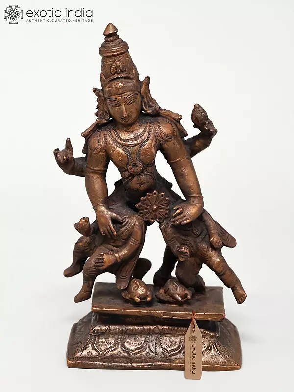 6" Small Lord Vishnu Copper Idol - Asura Vadh with Sudarshan Chakra