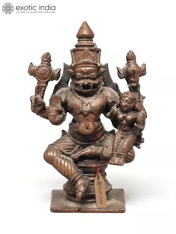4" Small Lord Narasimha Seated with Devi Lakshmi | Copper Statue