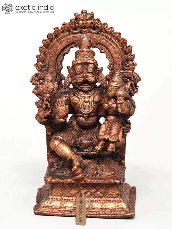 4" Small Lord Narasimha Seated on Kirtimukha Throne with Devi Lakshmi | Copper Statue