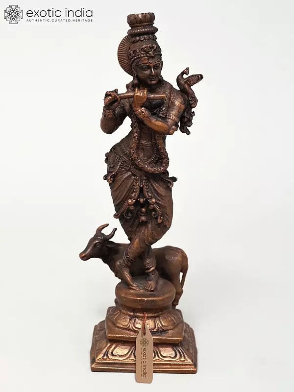 7" Standing Venugopal Krishna with Cow | Copper Statue