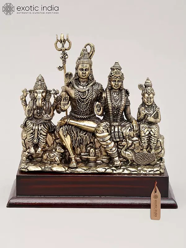 5" Small Superfine Brass Statue of Lord Shiva Family Seated Together with Wood Base | Made in India