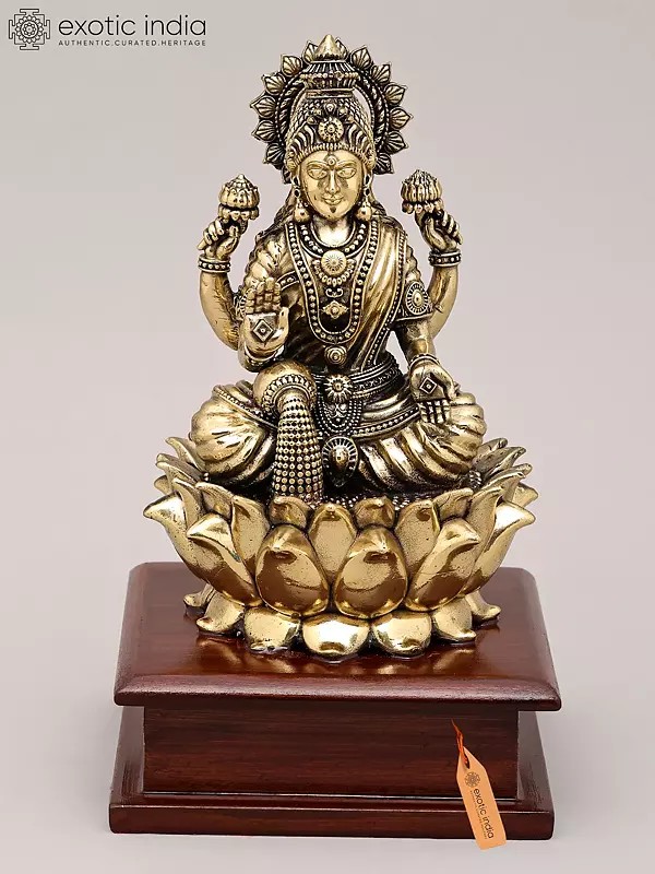 7" Superfine Goddess Dhanalakshmi Seated on Lotus with Four Arms and Wood Base | Brass Sculpture