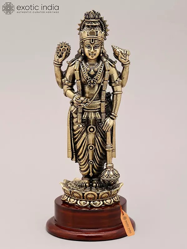7" Superfine Chaturbhuja Lord Vishnu Idol Standing on Lotus with Wood Base| Brass Statue
