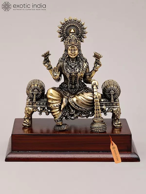 5" Superfine Goddess Dhanalakshmi Seated on Asana with Wood Base | Brass Statue