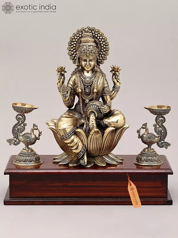 9" Superfine Four Armed Goddess Lakshmi with Peacock Lamp and Wood Base | Brass Idol