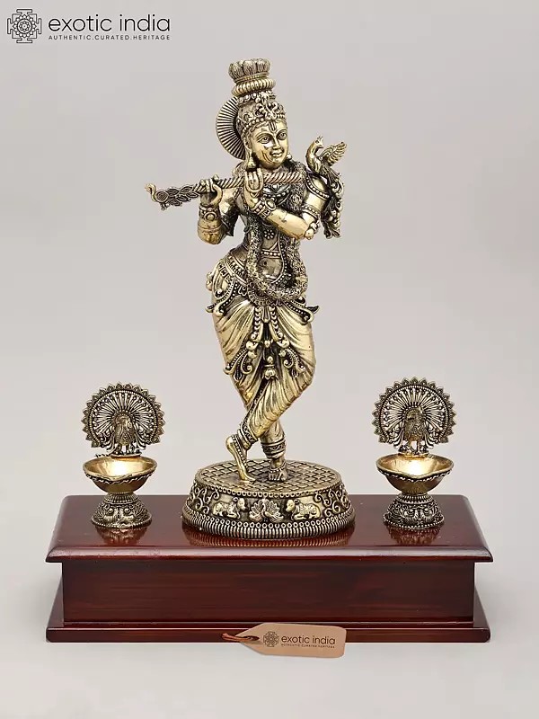 11" Superfine Lord Krishna - The Eternal Flute Player with Wood Base and Oil Lamps | Brass Idol
