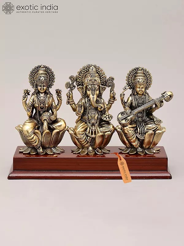 9" Superfine Goddess Lakshmi Ganesha and Saraswati Seated on Wood Base | Brass Sculpture