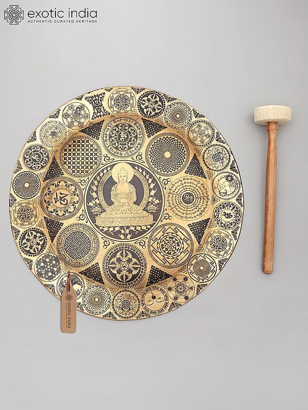 17" Ashtamangala Engraved Buddha Bronze Gong for Meditation with Wood Beater | Made in India