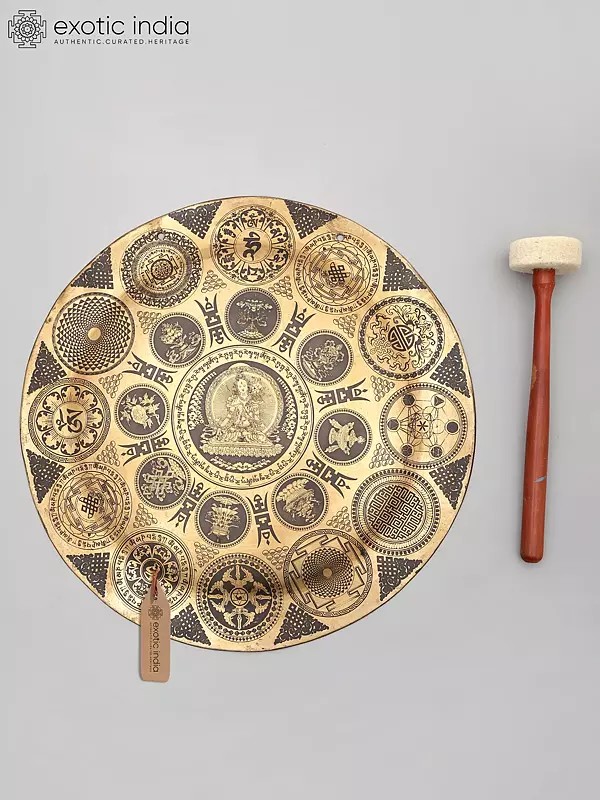 17" Buddhist Deity Seated in The Center of Peace and Tibetan Bronze Gong with Wood Beater | Made in India