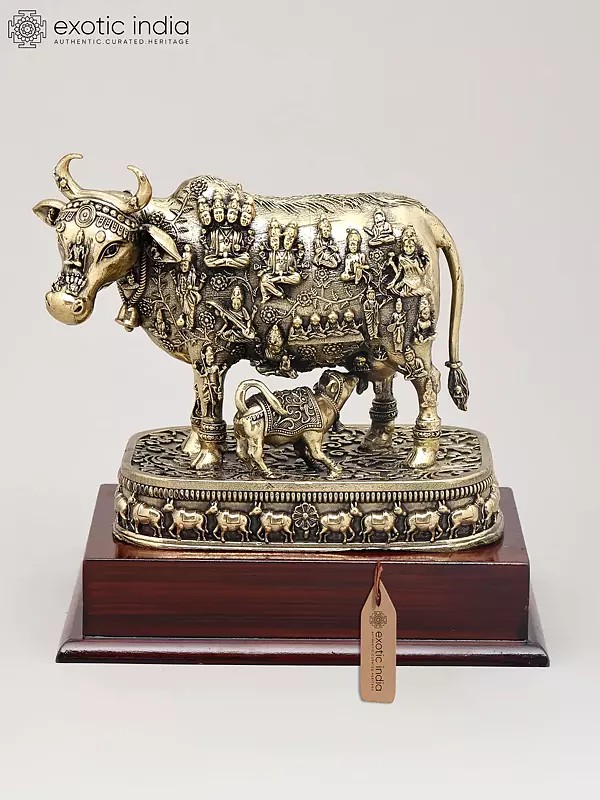 Small Superfine Kamdhenu Cow and Calf with Engraved Many God and Goddess on Wood Base | Brass Figurine