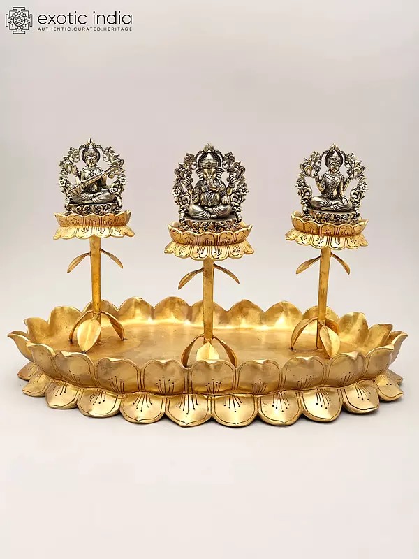 20" Superfine Lakshmi Ganesh Saraswati Trio on Lotus Stand | Brass Statues