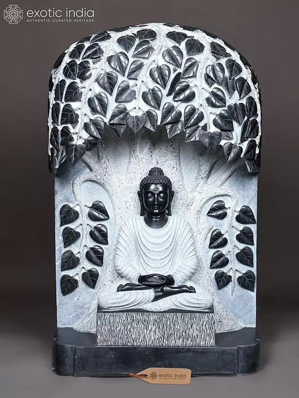 40" Large Marble Buddha Under The Bodhi Tree | Handmade Meditating Buddha Statue | Hand Carved Marble Buddha Sculpture