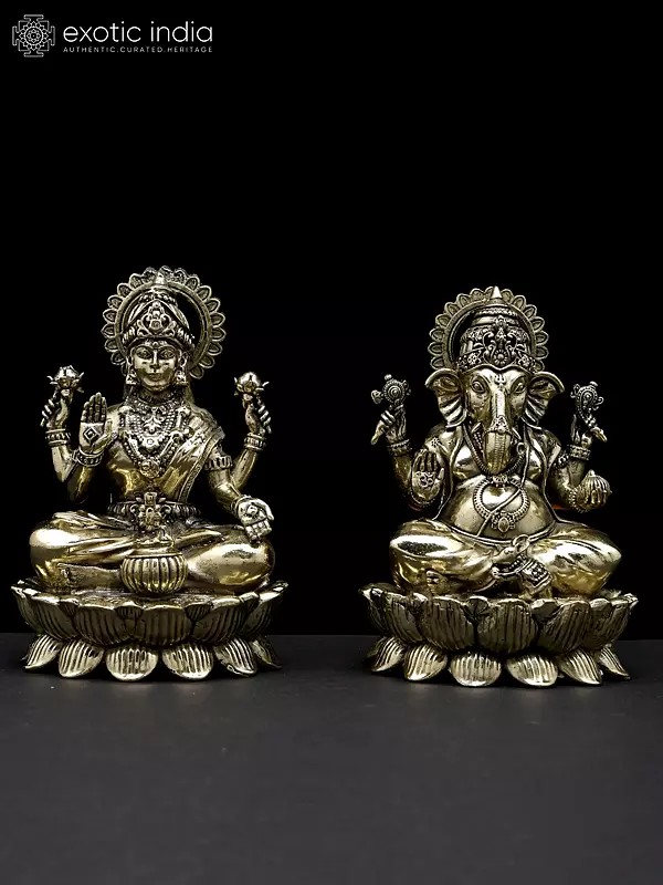 4" Small Superfine Pair of Ganesha Lakshmi Seated on Lotus | Brass Statues