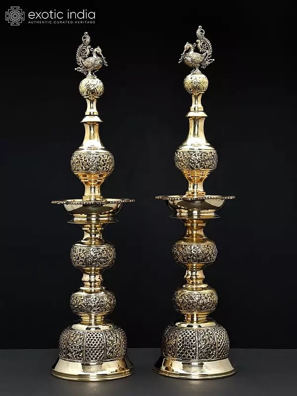 25" Pair of Superfine Peacock Lamps in Brass