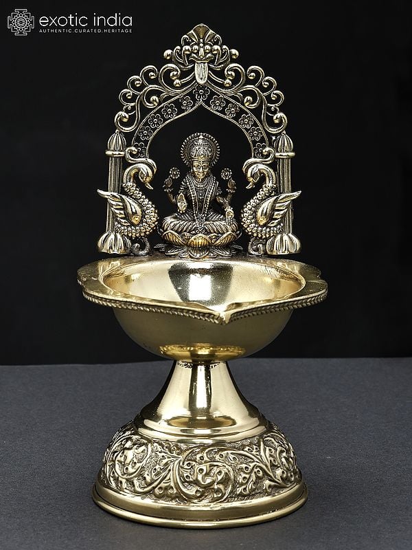 7" Superfine Goddess Lakshmi Diya (Lamp) in Brass with Kirtimukha Arch