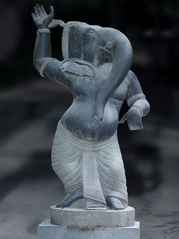 68" Large Dancing Ganesha Granite Stone Statue | Handmade Sculpture