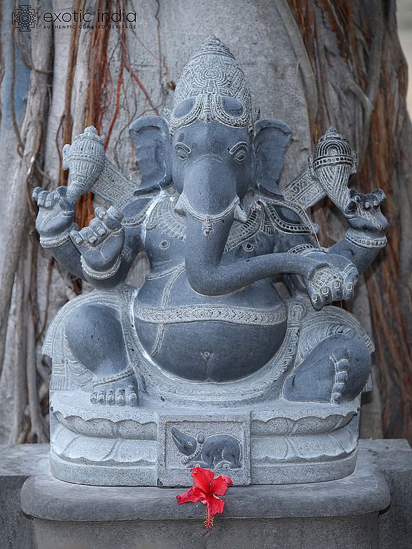 26" Chaturbhuja Lord Ganapati With Mushaka | Granite Stone Statue