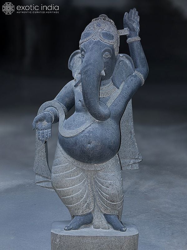 57" Large Lord Ganapati Idol in Dancing Posture | Granite Stone Statue for Temple