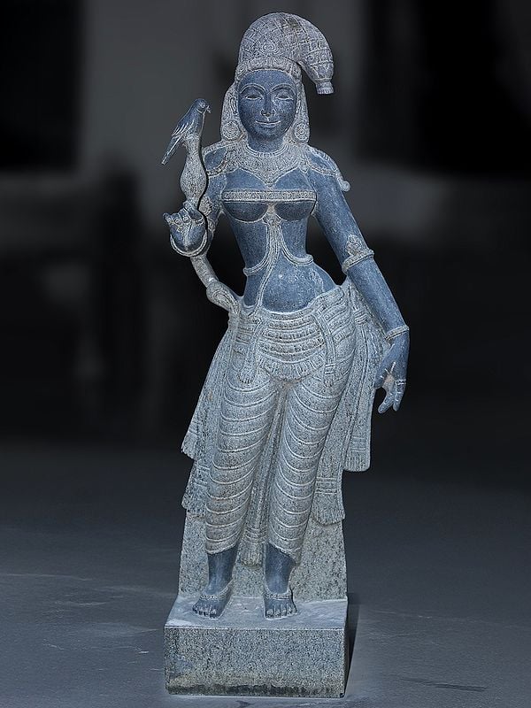 42" Large Standing Goddess Meenakshi With Bird | Granite Stone Sculpture