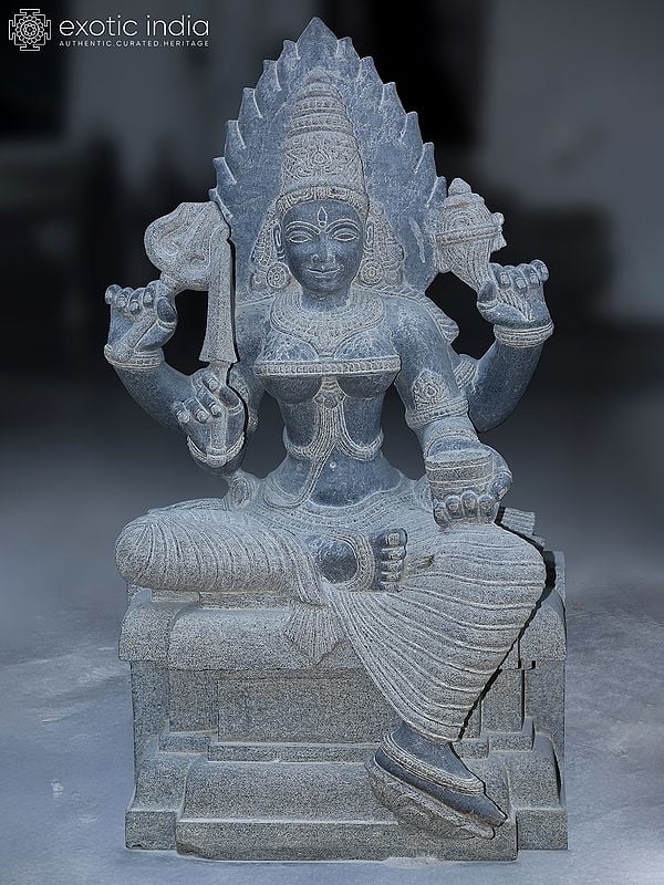 35" Chaturbhuja Goddess Mariamman In Seated Posture | Granite Stone Statue