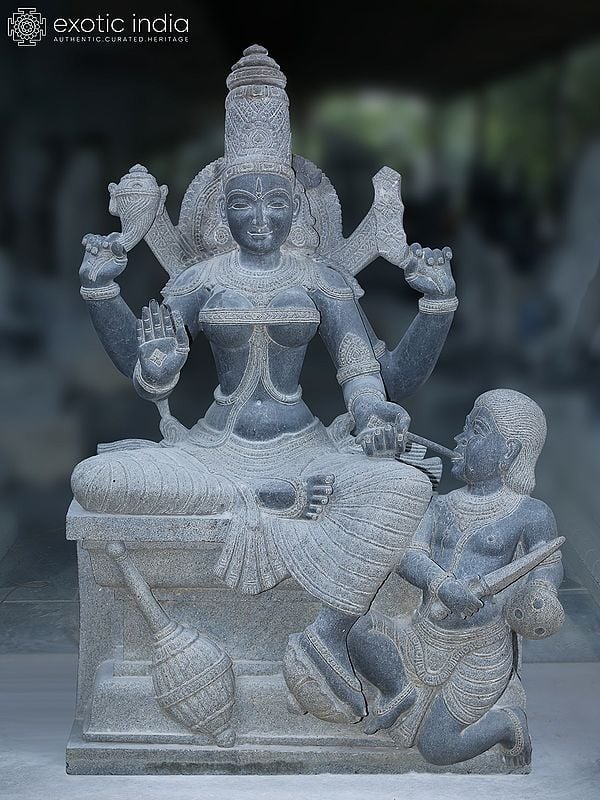 44" Large Seated Goddess Baglamukhi Sculpture With Four Arms | Granite Stone Statue