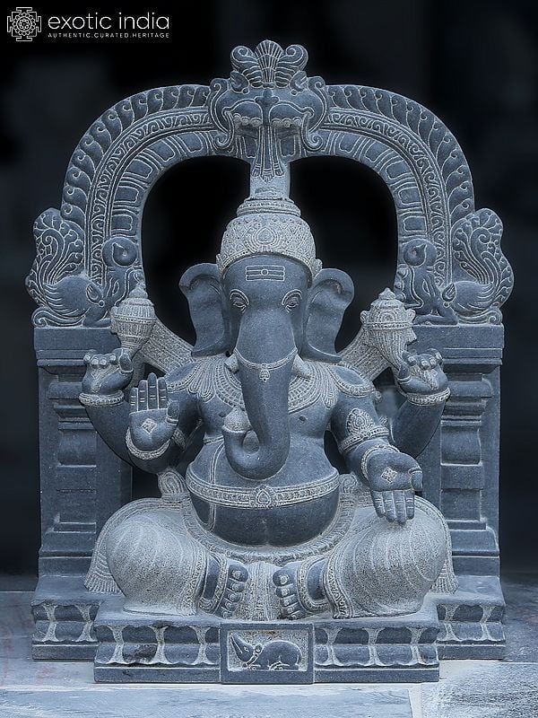 36" Chaturbhuja Ganapati In Blessing Mudra Seated On Kirtimukha Throne | Granite Stone Idol