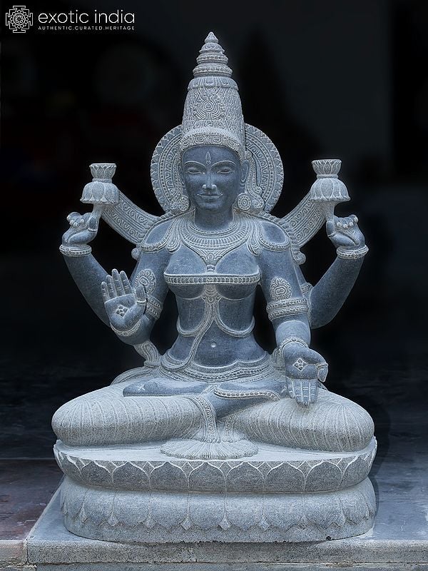 44" Large Blessing Mudra Goddess Mahalakshmi Seated On Lotus Asana | Granite Stone Idol