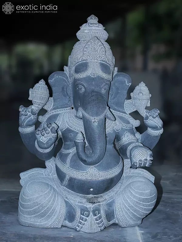 42" Large Granite Stone Sculpture Of Lord Ganesha With Four Arms | Granite Stone Statue