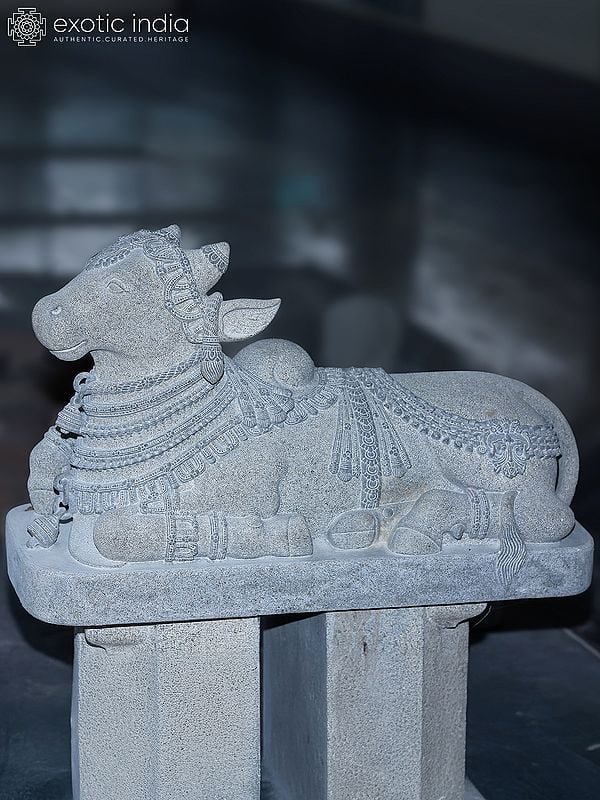 21" Seated Calm Nandi Granite Stone Statue For Temple | Granite Stone Figurine