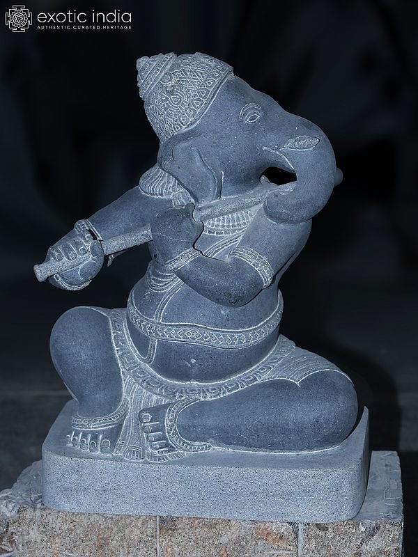 23" Seated Ganapati With Playing Flute | Granite Stone Sculpture