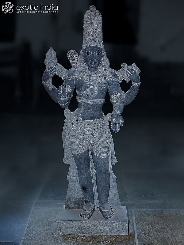 61" Four Armed Lord Shiva Standing On Base | Granite Stone Figurine