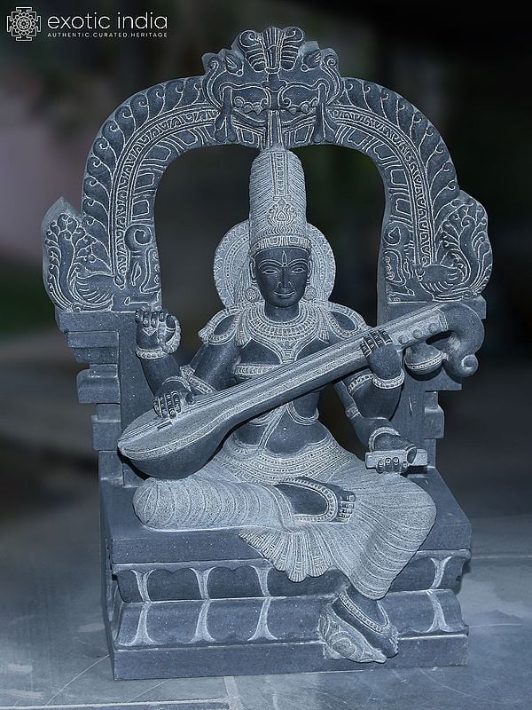 34" Goddess Saraswati Seated On Kirtimukha Throne With Sitar | Granite Stone Statue