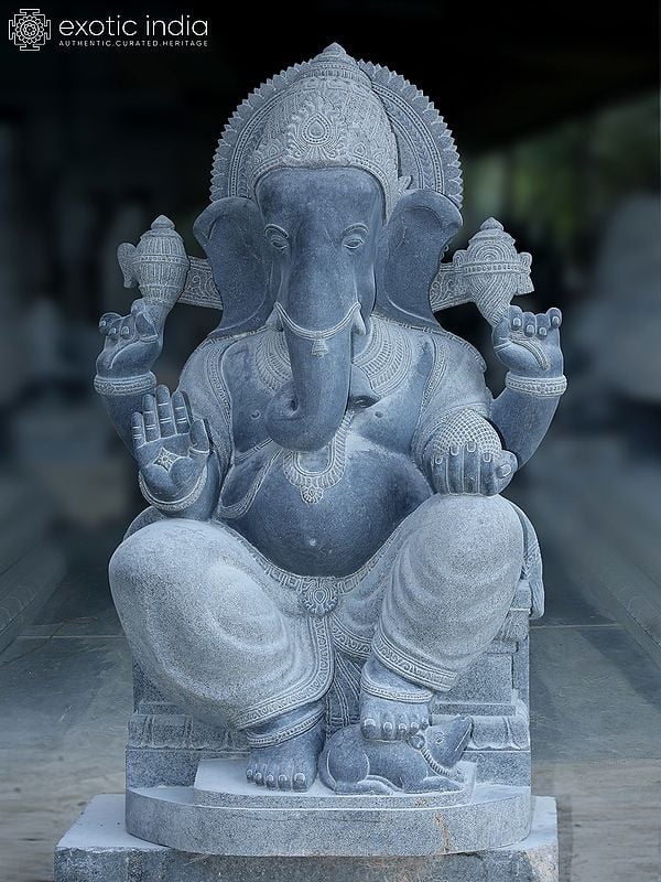 60" Large Sized Statue Of Chaturbhuja Ganesha In Blessing Mudra | Granite Stone Statue