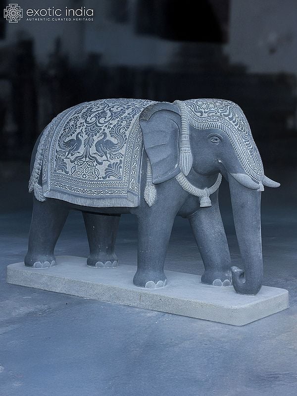 40" Large Royal Elephant Idol with Attractive Carvings | Granite Stone Sculpture