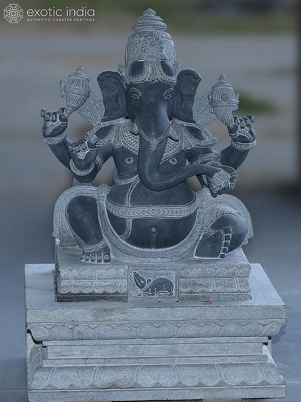 Lord Ganesha Seated On Asana Granite Stone Statue For Temple