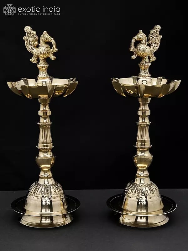 11" Brass Pair of Seven Wicks Peacock Lamps