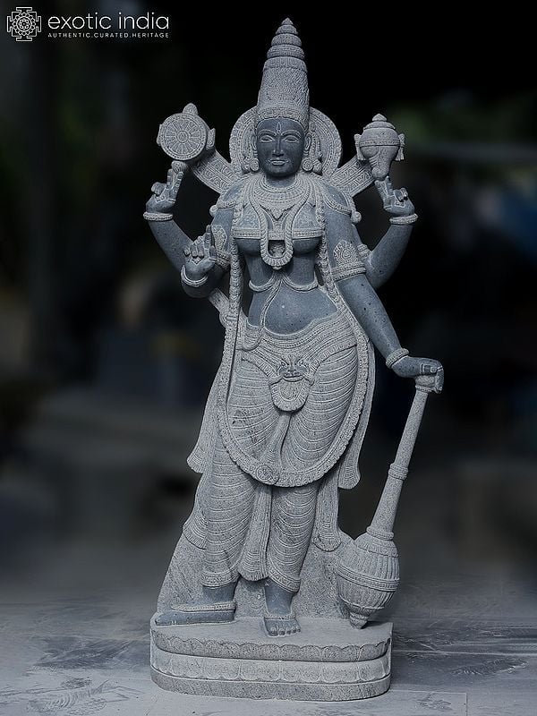 65" Large Standing Chaturbhuja Goddess Narayani With Mace | Granite Stone Idol