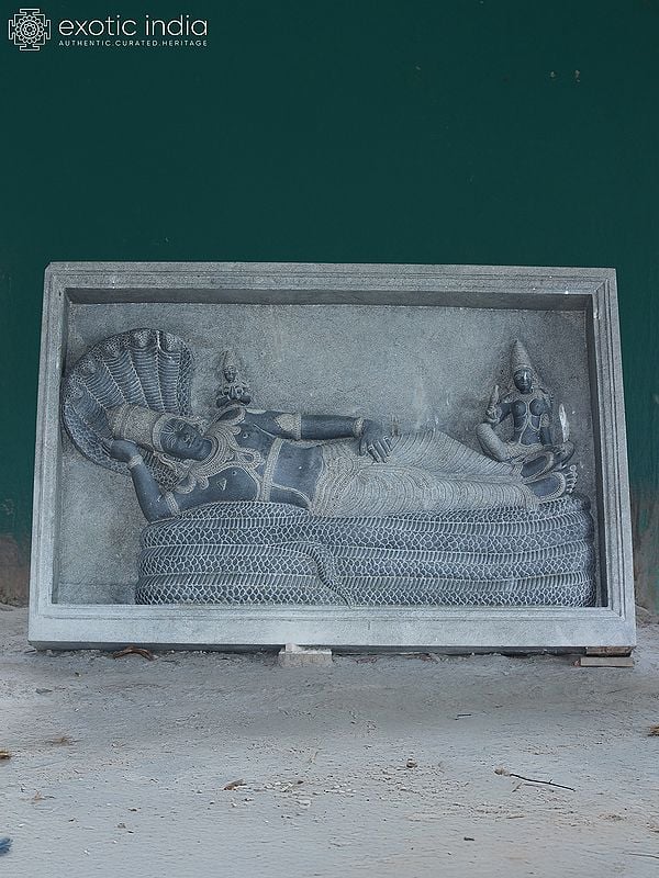 48" Large The Sheshashayi Lord Vishnu With Goddess Lakshmi | Granite Stone Statue