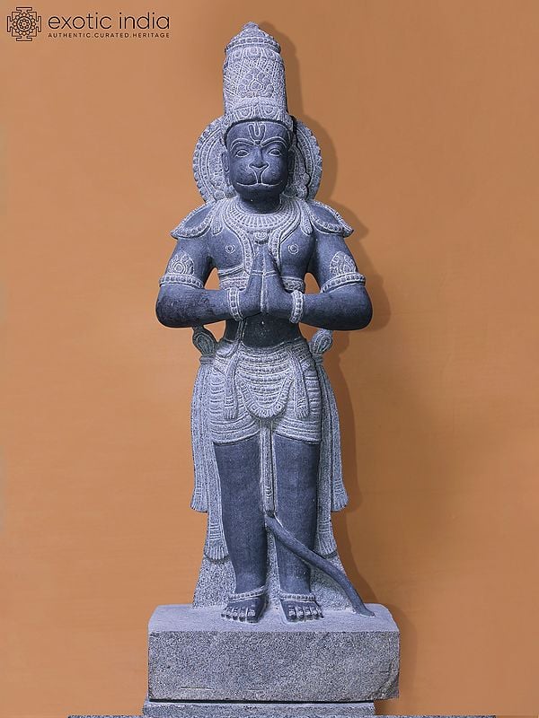 36" Standing Lord Hanuman In Namaskar Mudra | Hand Carved | Granite Stone Statue